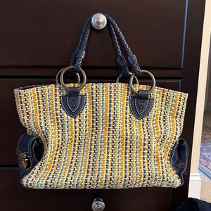 Marc Jacobs Woven Yellow & Blue Tote Bag with Navy Leather Trim